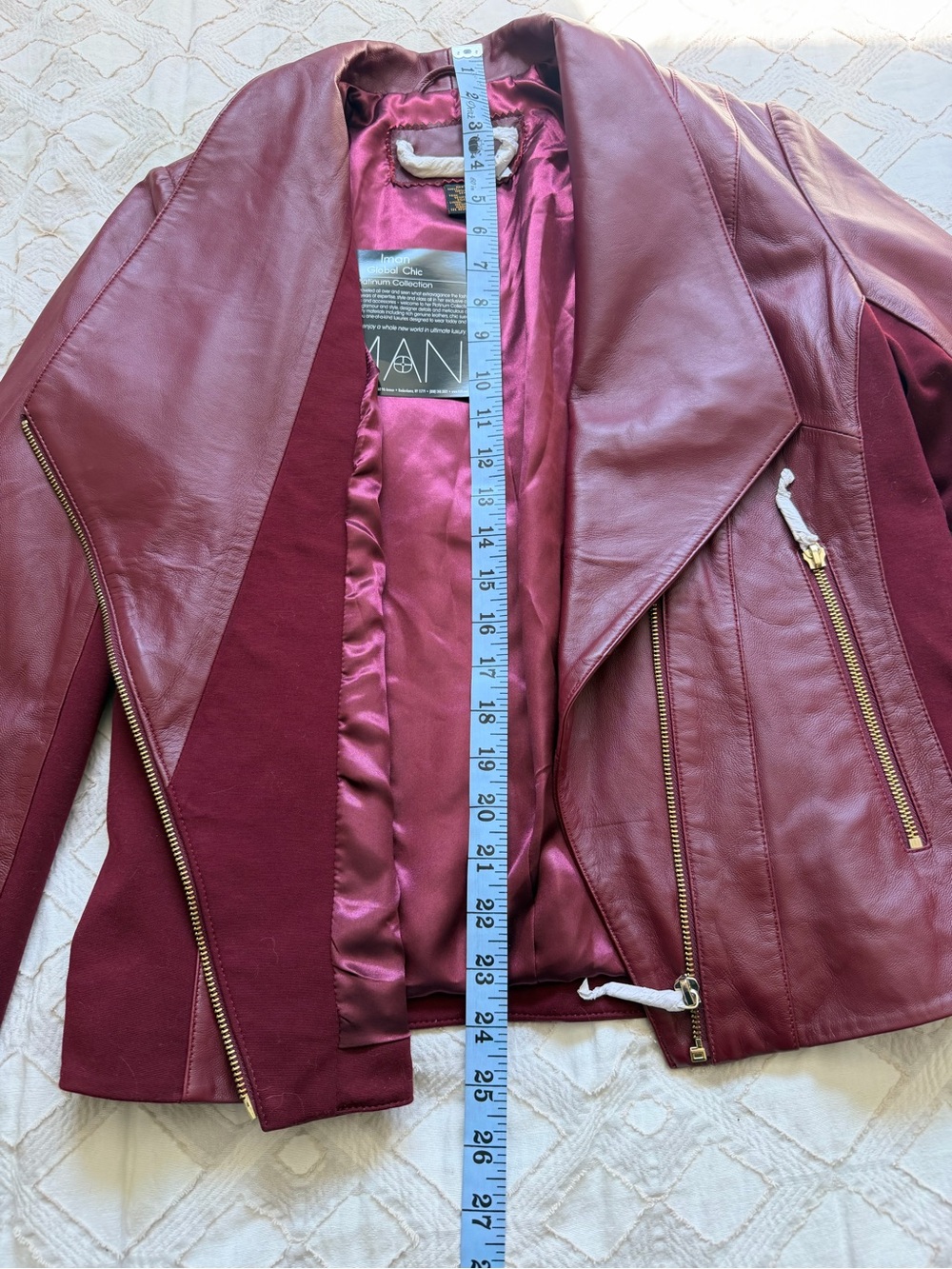 IMAN Wine Red Leather Moto Jacket with Knit Sides - Picture 5 of 12